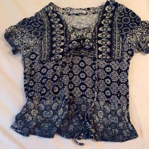 Blue and White Patterned Lace up Top